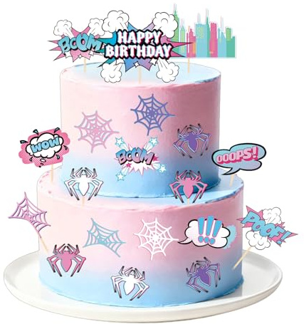 57pcs Set Décorations Gâteau D'anniversaire D'araignée, Décorations Fête à Thème Cartoon avec Toiles D'araignée Rose Bâtiment Cupcakes D'anniversaire pour Hommes