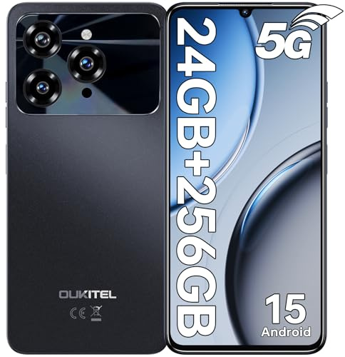 OUKITEL C6 Mobile Phone 5G, 6.8 90Hz Display, 24GB+256GB Android 15 Phone, 50MP Camera, 5150mAh Battery, 5G Dual SIM Sim-Free & Unlocked Mobile Phones, 3.5MM Jack/GPS/Fingerprint/Face ID, Black