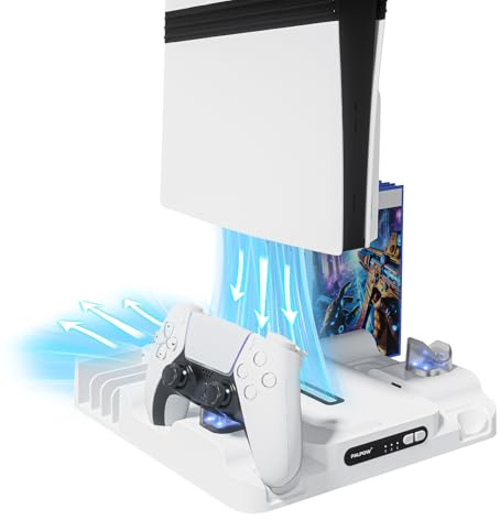 Support de refroidissement PALPOW compatible avec PS5 Pro/Slim/PlayStation 5, chargeur disque et numérique pour accessoires PS5 - Ventilateur à 3 vitesses, éclairage LED - Blanc