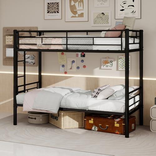 QSOST Lit Superposé Enfant 90x190, Lit Mezzanine - Convertible en 2 lit Simple, avec Échelle et Barrière de Sécurité, Aucun sommier requis, Pas de Bruit, pour Adulte/Enfant (Noir)