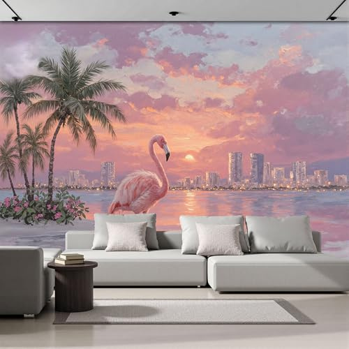 MIATCENRT 3D Mural Photo Wallpaper - Sunset Landscape City Flamingos Backdrop Wall Interior Decor Wallpaper, 3D Panel Bathroom Restaurant Hall Hallway Wall Art 250x175cm (WxH)