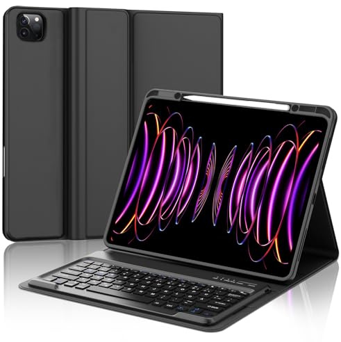 Hülle mit Tastatur für iPad Pro 12,9 Zoll 6./5./4./4. Generation, Schwarz | Magnetisch abnehmbar Tastatur für iPad Pro 12.9 (2018-2022), Soft TPU Hülle, Deutsches QWERTZ Layout