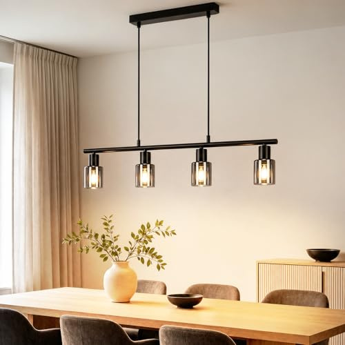 Hängelampe 4 flammig Pendelleuchte esstisch - Vintage Esstischlampe hängend | Schwarz industrial Hängeleuchte Glas E14 retro Esszimmerlampe Pendellampe für Esszimmer Küche (Ohne Leuchtmittel)