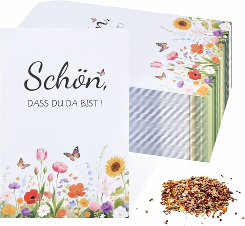 lafo 60 Stück Schön, dass du da bist Samentüten Gastgeschenke Taufe Hochzeit, Geschenktüten Blumensamen für Hochzeit Taufe Kommunion Konfirmation Geburtstag (Weiß)