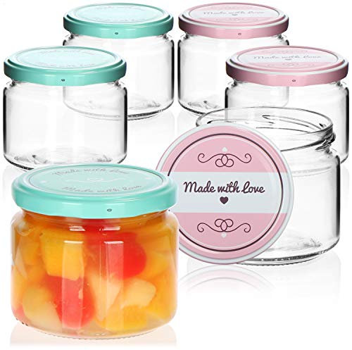 com-four® 6x Einmachgläser mit Schraub-Deckel Made with love in grün und rosa - TO Ø 82 mm - empfohlene Füllmenge ca. 260 ml - bis Glasrand: ca. 330 ml