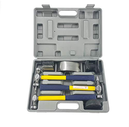 TEXALAN 7 PC Auto Body Fender Repair Tool Hammer & Dolly Set Dent Bender Fiberglass handle plastic case USA