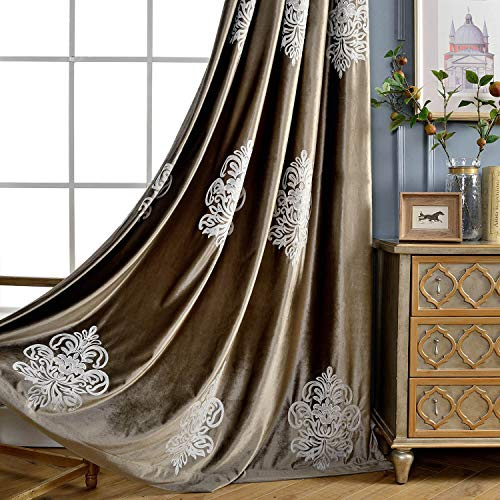 VOGOL Superweiche, hochwertige Samtverdunkelungsvorhänge, mit Ösen, weiße Blumenstickerei, weiche Flanellvorhänge für Wohnzimmer, 132 x 244 cm, 2 Bahnen, Geräuschreduzierung, Schokobraun