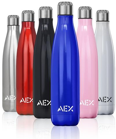 AEX Stainless Steel Water Bottle | 1000ml Blue Glossy | Double Walled Vacuum Flask | Keeps Cold 24hrs, Hot 12hrs