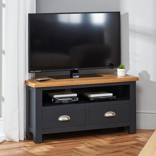 The Furniture Market Cotswold Charcoal Grey Painted Corner TV Unit – Up to 50” TV Size, Fully Assembled, Natural Oak Top, Cable Management, Living Room - Height 500mm x Width 1000mm x Depth 450mm
