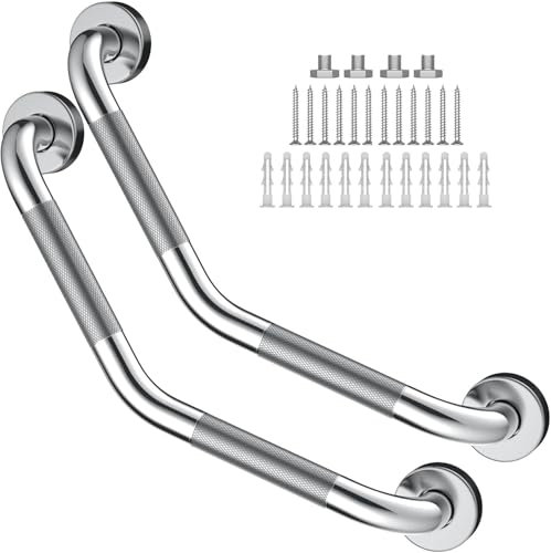 16 Inch Angled Grab Bar 2 Pack, ZUEXT Anti Slip Shower Grab Bar Handles,Chrome Stainless Steel Knurled Bathroom Balance Bar, Safety Hand Rail Support,Handicap Elderly Injury Senior Assist Bath Handle