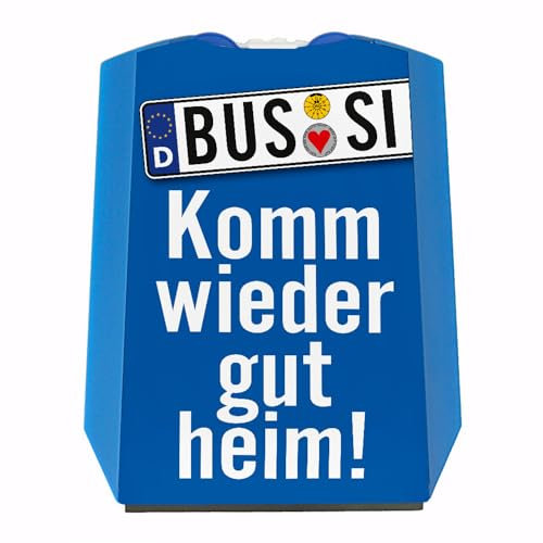 Sicherheit im Straßenverkehr Parkscheibe mit Bussi Motiv mit blauem Hintergrund Eiskratzer Wasserabstreifer und Einkaufswagen-Chips Küsschen parken Kuss Parkplatz Fahr vorsichtig
