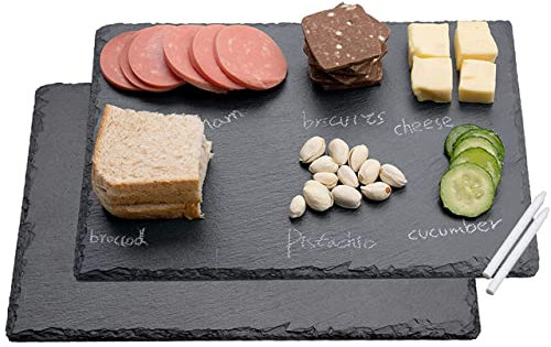 WLWNWFT 2 piatti da portata in ardesia, 30 x 20 cm, per servire e scrivere, piatti rettangolari, con pennarello a gesso