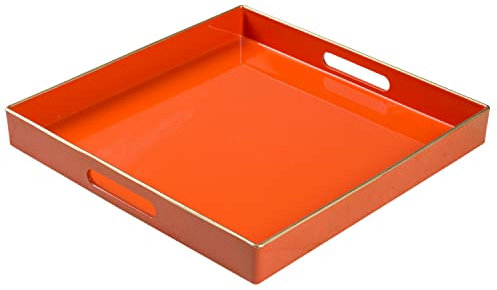 MAONAME Decorative Tray, Orange Square Plastic Tray, 13x13x1.57, Modern Style, Handles, Perfect for Coffee Table, Ottoman, Kitchen, Bathroom, Gift