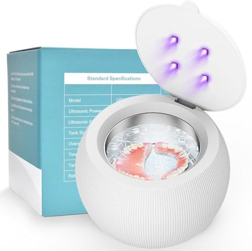 Voraiya Limpiador ultrasónico UV para dentaduras postizas, alineador, retenedor, bandejas de blanqueamiento, protector bucal dental nocturno, cabezal de cepillo de dientes, máquina limpiadora