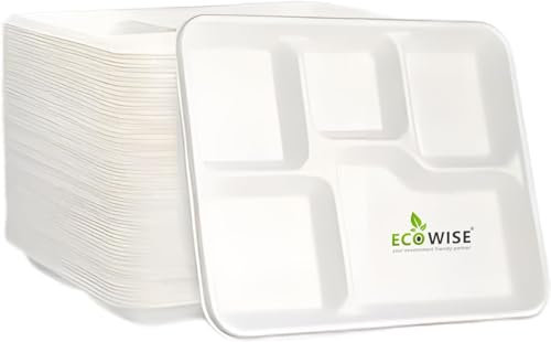 EcoWise 5 Compartment Disposable Plates STRONG PLATES for LUNCH & DINNER 25pcs Size 30cm X 20cm X 5cm - Heavy Duty Sugarcane Plates 100% Compostable Ecofriendly Divided Dinner Plates Microwave Safe