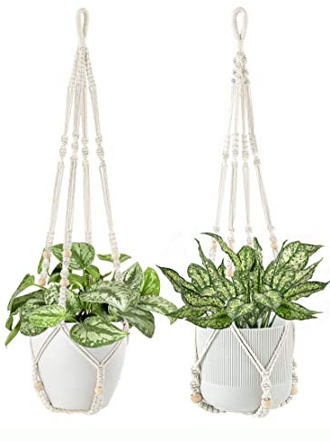 Dahey Macrame Plant Hanger Indoor Hanging Planter Basket with Wood Beads Handmade Woven Cotton Rope Flower Pot Holder Stand for Boho Outdoor Home Decor No Tassels, 35 Inch, Set of 2
