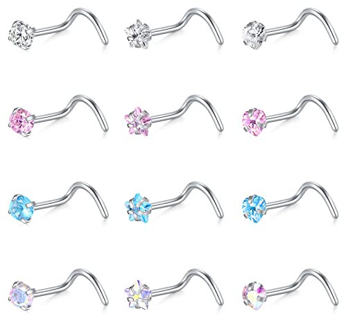 WillTen 20G Nose Studs Corkscrew Nose Studs Screw Women Stainless Steel Diamond CZ Piercing Heart Start Jewelry Piercing 12PCS