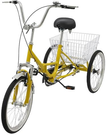 SanBouSi 20 Zoll Klapprad Dreirad für Erwachsene Klappbar 1 Gang Tricycle Radfahren Einkaufskorb 3 Rad Fahrrad für Erwachsene und ältere Menschen Helles Gelb