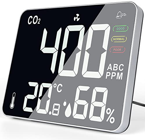 BILIPALA CO2 Messgerät, co2 Melder, Temperatur Und Luftfeuchtigkeitsmesser, Raumluftmessgerät Kohlendioxid Detektor mit Alarm, 3 Helligkeitsstufen, geeignet für Kindergarten, Büro, Wohnzimmer - Groß