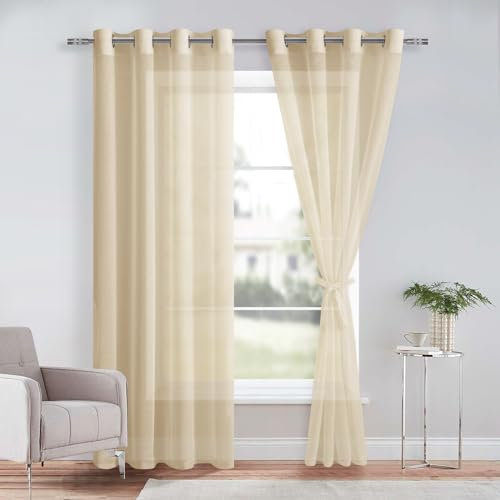 DWCN Beige Sheer Curtains with Tiebacks Semi Transparent Voile Grommet Curtains Elegant Window Curtains for Bedroom and Living Room,2 Panels,W52 x L84