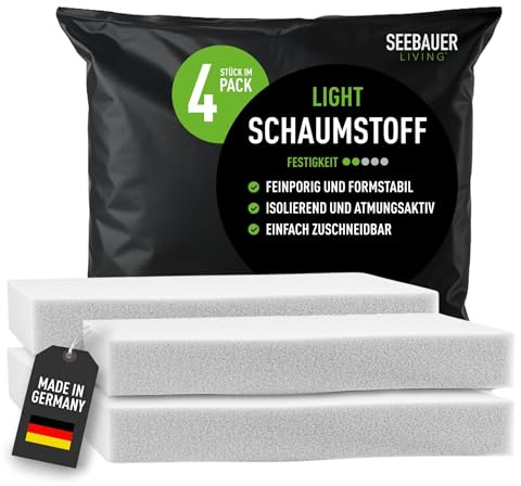 SEEBAUER living Schaumstoff-Set Light RG 26/40 (Mittelfest) 45 x 45 x 3 cm (4er Vorteilspack) Schaumstoffplatte für Polster und Sitzkissen, Polsterschaumstoff als Zuschnitt für Sitzpolster