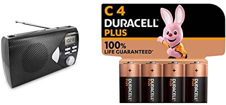Metronic 477205 Radio Portable (AM/FM) avec Fonction Réveil - Noir & Duracell - Piles alcalines C Plus, 1.5 V LR14 MN1400, Paquet de 4