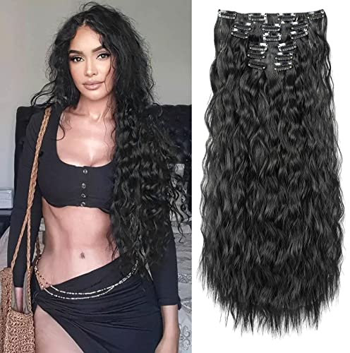 FLUFYMOOZ Clip in Extensions, 61cm 6PCS Lange gewellt Wellige Clip in Haarverlängerungen Dickes Natürliches Weiches Synthetisches Haarteil Für Frauen Mädchen Natürliches Schwarz