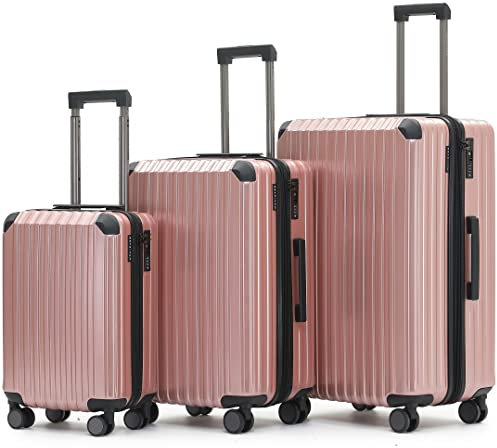 Münicase M816 TSA-Schloss, Dehnungsfuge, Teleskopgriff, Reisekoffer mit 4 Rollen, Hartschale, Große 76cm-Mitte 65cm-Kabinentrolley 55cm, 3er Kofferset, Rosa Gold