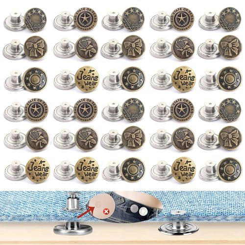60 Stück Jeans Knöpfe Ohne Nähen, Hosen Ersatz Knöpfe, 17mm Jeansknöpfe Verstellbare Jeans Knöpfe, DIY Buttons, Knöpfe zum Annähen, Hosen Enger Machen, zum Erweitern oder Reduzieren der Hosengröße