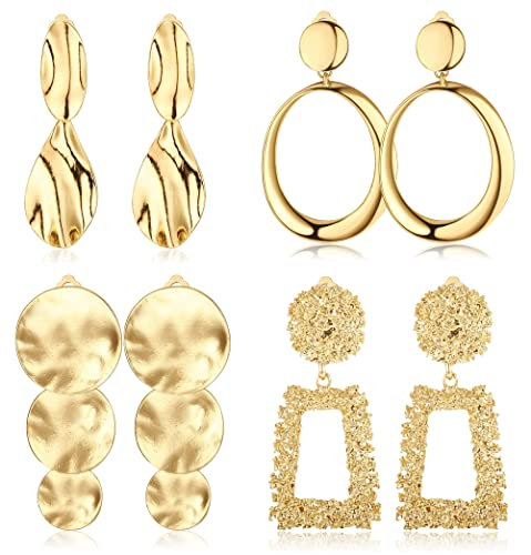 JeryWe 4 Paar Ohrclips Gold für Damen Statement-Ohrringe Geometrisch Baumelnd Rechteckige Quaste Teardrop Quadratisch Metall Rund Tropfen Anhänger Fake Ohrringe Ohrclips Ohne Ohrlöcher（Stil4）