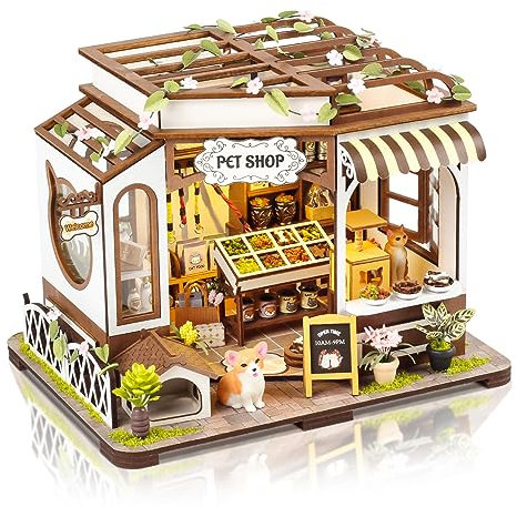 Cuteefun Kit Casa in Miniatura da Costruire, Miniature Casa delle Bambole Fai da Te con Mobili Copertura e Strumenti Natale Halloween Regalo di Compleanno Negozio di Animali Domestici