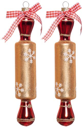 Set of 2 Hand Blown Glass Rolling Pin Ornament for Christmas Tree, Hanging Glass Baking Ornament