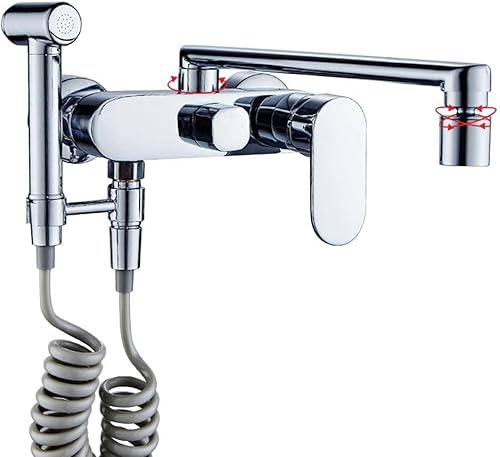 JQFDD Miscelatore Rubinetto Cucina a Muro con Doccetta Estraibile Bagliore Miscelatore Lavello Cucina Girevole a 360 °Rubinetti da Muro Rubinetto a Muro Miscelatore-Chrome-Spread._20 Cm.