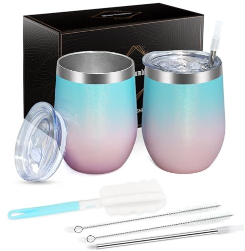 Joymaking 2 Stück Weinbecher Edelstahl, Stemless Weinbecher mit Deckel, Doppelwandige Unbreakable Travel Becher für Milk, Kaffee, Wein, Bier, Champagner, Cocktails, Farbverlauf Blau-Rosa