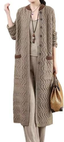 HGJH Women's Long Cardigans,Elegant Oversized Button Open Front Coat Loose Cable Knit Cardigan Sweater Casual Transition Jacket Kimono Cardigan Coat Outwear Autumn Winter,Khaki,M