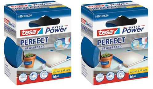 tesa extra Power Perfect Gewebeband - Gewebeverstärktes Ductape zum Basteln, Reparieren, Befestigen, Verstärken und Beschriften - Blau - 2,75 m x 38 mm (Packung mit 2)
