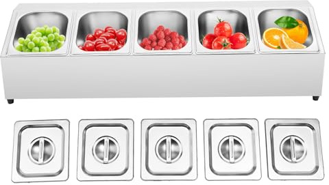 Gastronorm - Supporto per contenitore Gastronorm, struttura 5 (acciaio inossidabile, lavabile in lavastoviglie, con 5 contenitori da 1/6 con 5 coperchi abbinati)