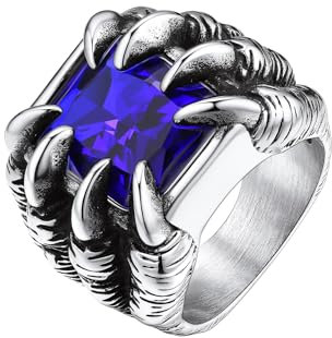 Bestyle Herren Ring mit Blauer Stein 316L Edelstahl Chunky Gothic Dragon Bandring Zirkonia Verlobungsring Vintage Punk Biker Drachen Schmuck für Männer Damen, Silber, Ringgröße 70