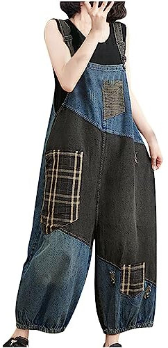 Denim Dungarees for Women Loose Straps Long Overalls Ladies Casual Baggy Sleeveless Suspender Rompers Jeans Pants Trousers Womens Vintage One Piece Jumpsuit Dungaree