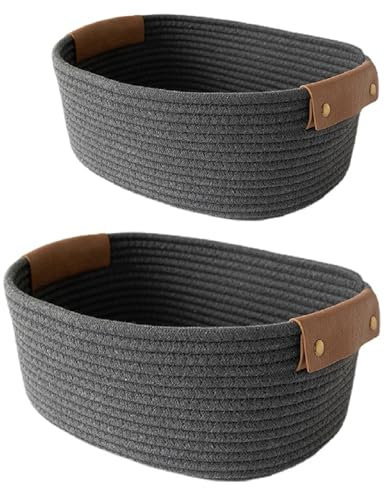 2er Set Aufbewahrungskorb Geflochten Baumwollseil Körbe, Bad Wickeltisch Organizer Rechteckig Flechtkorb Mit Leder Griff, Stapelbare Dekorative Körbe Für Schminke Spielzeug
