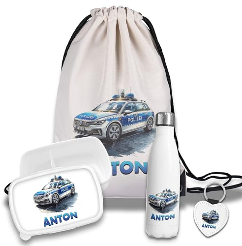 timalo Kinder Schulset Brotdose, Trinkflasche, Turnbeutel personalisiert mit Namen | Set Wasserflasche Edelstahl | Lunchbox mit Trennwand | Geschenk zur Einschulung & Kindergarten | 21 - Polizei Auto