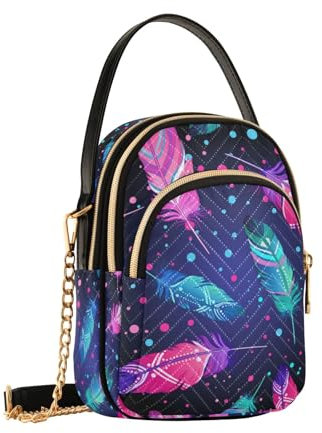 Borsa a tracolla da donna, con piume viola, con catena staccabile, borsa a tracolla per telefono, Piume viola, Taglia unica