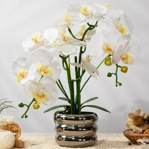 JARELING Artificial Orchids Flowers with Vase for Table Centerpieces, Real Touch Faux White Orchid Phalaenopsis in Ceramic Vase for Home Wedding Kitchen Decoration (Silver Vase, White)