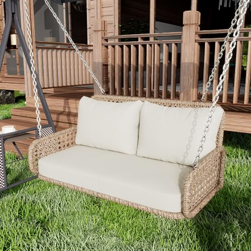 Merax PE-Rattan Hängesessel Outdoor, Hängestuhl mit Kissen und 2 Ketten (240 cm/Stück), belastbar 320 kg, Beige (ohne Gestell)
