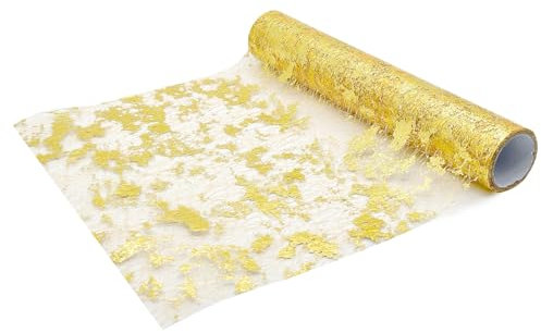 We Moment Zone Tischläufer Gold, Gold Tischdecken Dekostoff,Tischband aus Organza,Polyester Tisch läufer Tischdeko für Advent Karneval Taufe Geburtstage Hochzeit zu besonderen Anlässen 43 cm×10M