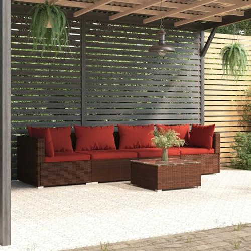 SECOLI Gartenlounge Outdoor Gartensofa loungemöbel Outdoor polyrattan Balkon Lounge balkonmöbel Terassenmöbel außen Ecklounge Balkon-Braun und Rot-5-tlg