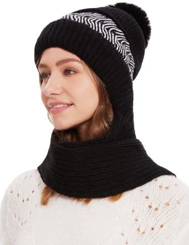 Ymmchy Damen Winter Mütze 2-in-1 Strickmütze Schal Warme Wintermütze Winddichte Kapuzenschal Schwarz