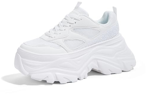 LUCKY STEP Women's Rhinestone Chunky Sneakers Breathable, White 7