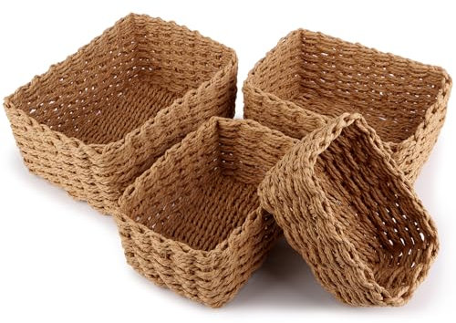 Juego de 4 Cestas de Almacenamiento Trenzadas, Cestas de Mimbre Apilables, Cestas Bohemias,Cestas Organizadoras para Cambiador, Cesta Trenzada para Salón, Cocina, Habitación