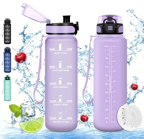 Vikaster Water bottle, Gourde 1L, sans BPA, Étanche & Réutilisable, Bouteille d'eau avec Marqueur de Temps et Filtre, Convient Pour la Enfant & Adulte, Gym, Yoga, Camping, Sport, Gourde Randonnée